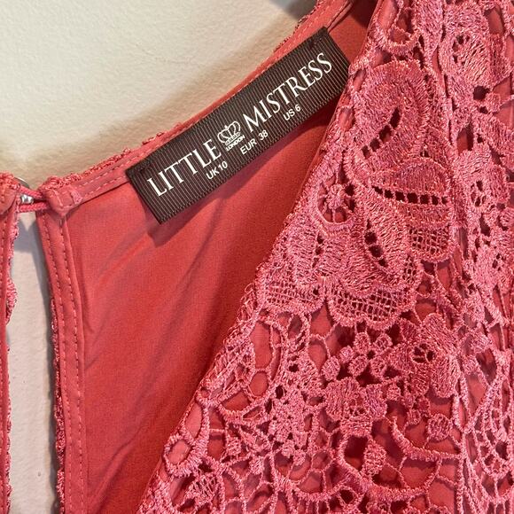 Little Mistress Rose Pink Floral Lace Short Sleeve Midi Dress - size 6 - Picture 2 of 5